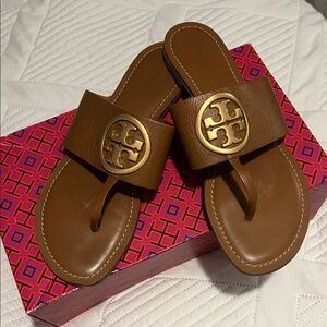 Tory Burch Tan Leather Logo Thong Sandals with Gold Emblem